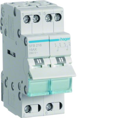 Modułowy przełącznik instalacyjny I-0-II punkt wspólny od dołu 2P 16A 230VAC SFB216 HAGER (SFB216)