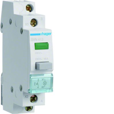 Przełącznik przyciskowy 1NO LED zielona Ith=16A 230VAC SVN413 HAGER (SVN413)