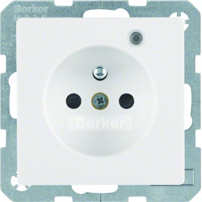 BERKER Q.1/Q.3 Gniazdo z uziemieniem z diodą kontrolną LED z podwyższoną ochroną styków biały aksamit 6765096089 HAGER (6765096089)