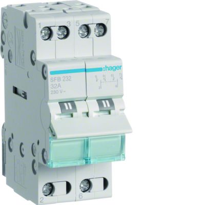 Modułowy przełącznik instalacyjny I-0-II punkt wspólny od dołu 2P 32A 230VAC SFB232 HAGER (SFB232)