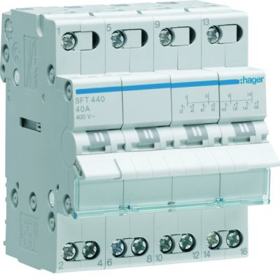 Modułowy przełącznik instalacyjny I-0-II punkt wspólny od góry 4P 40A 400VAC SFT440 HAGER (SFT440)