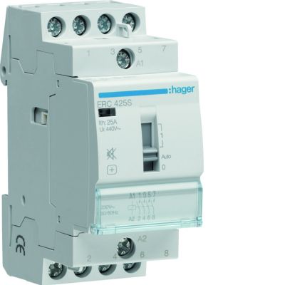 Stycznik modułowy cichy z możliwością sterowania ręcznego 230V AC 4Z 25A AC-7A B ERC425S HAGER (ERC425S)