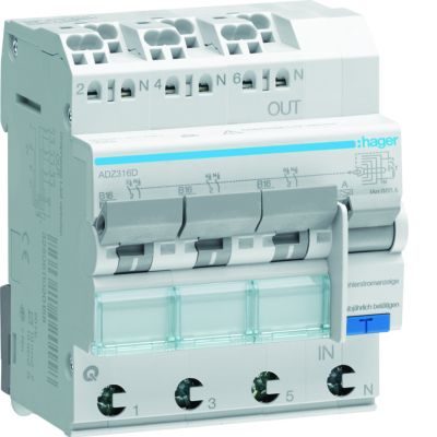 RCBO Wyłącznik różnicowonadprądowy 3x1P+N 6kA B16A 30mA Typ A QC/QBB ADZ316D HAGER (ADZ316D)