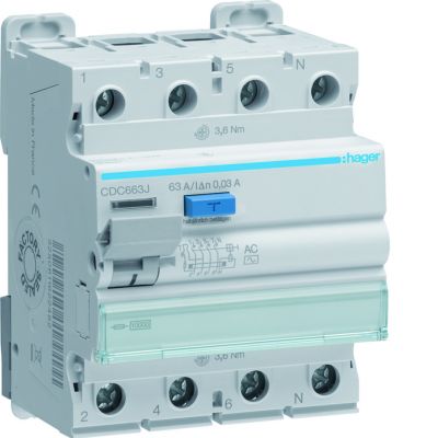 RCCB Wyłącznik różnicowoprądowy 3P+N 63A 30mA 10kA AC (CDC663J)
