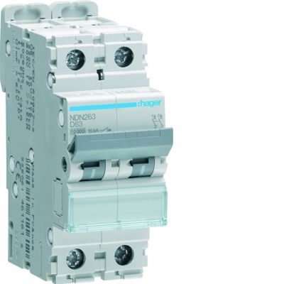 MCB Wyłącznik nadprądowy 10kA/15kA 2P D 63A NDN263 HAGER (NDN263)
