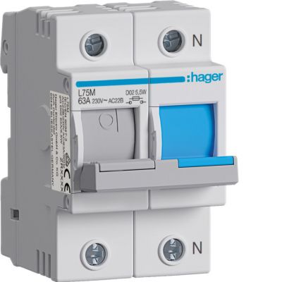 Modułowy rozłącznik bezpiecznikowy poziomy D02 1P+N 63A 400VAC 110/220VDC L75M HAGER (L75M)