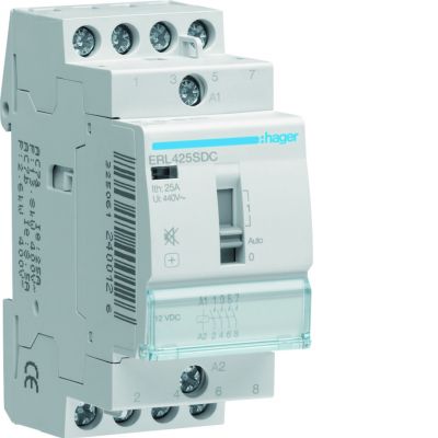 Stycznik modułowy cichy z możliwością sterowania ręcznego 12V DC 4Z 25A AC-7A B ERL425SDC HAGER (ERL425SDC)
