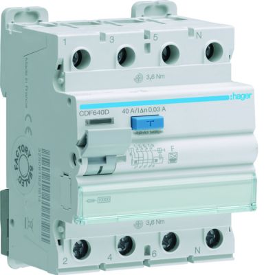 RCCB Wyłącznik różnicowoprądowy 3P+N 40A 30mA 10kA typ F CDF640D HAGER (CDF640D)