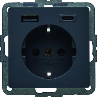 Q.x Gniazdo SCHUKO z gniazdem ładowania USB 2,4A samozacisk; antracyt aksamit 48146086 HAGER (48146086)