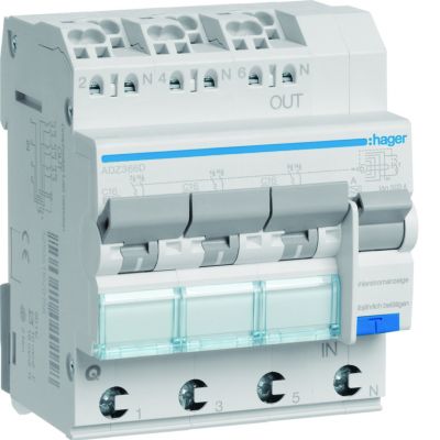 RCBO Wyłącznik różnicowoprądowy z czł. nadpr. 3x1P+N 6kA C16A 30mA Typ A QC/QBB ADZ366D HAGER (ADZ366D)