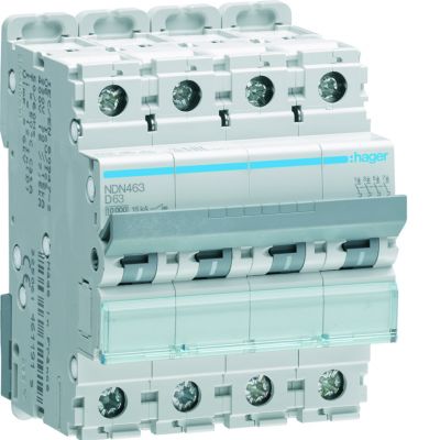 MCB Wyłącznik nadprądowy 10kA/15kA 4P D 63A NDN463 HAGER (NDN463)