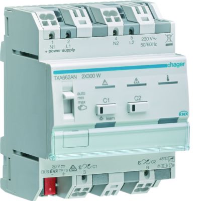 KNX e/s Ściemniacz uniwersalny 2-kan 2x300 W wielofazowy f. sumowania obc. TXA662AN HAGER (TXA662AN)