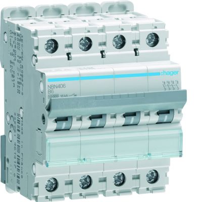 MCB Wyłącznik nadprądowy 10kA/15kA 4P B 6A NBN406 HAGER (NBN406)