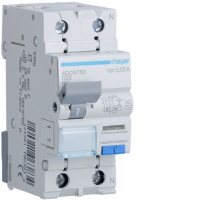 RCBO Wyłącznik różnicowoprądowy z członem nadprądowym 1P+N 6kA C25A 30mA Typ AC ADC975D HAGER (ADC975D)