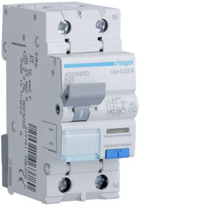 RCBO Wyłącznik różnicowonadprądowy 1P+N 6kA B25A 30mA Typ AC ADC925D HAGER (ADC925D)