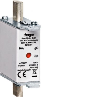 Wkładka bezp. nożowa NH000 wsk.podw. uchwyt nieiz. gG 10A 500VAC LNH0010M HAGER (LNH0010M)