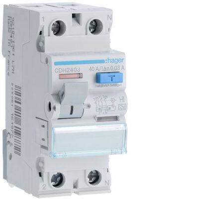RCCB Wyłącznik różnicowoprądowy 1P+N 40A 30mA 6kA typ A-HI CDH240J HAGER (CDH240J)