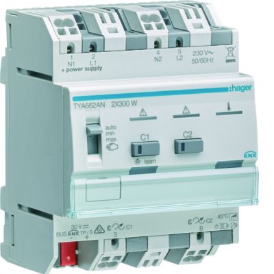 KNX system Ściemniacz uniwersalny 2-kan 2x300 W wielofazowy f. sumowania obc. TYA662AN HAGER (TYA662AN)