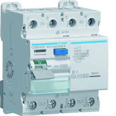 RCCB Wyłącznik różnicowoprądowy 3P+N 40A 30mA 10kA typ B+ HAGER (CDB640D)