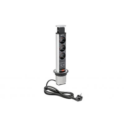 GTV BIURKOWY PRZEDŁUŻACZ WPUSZCZANY 60mm, 3X SCHUKO, 2XUSB 2,1A 5V (SREBRNY) AE-BPW3S60U-80 (AE-BPW3S60U-80)