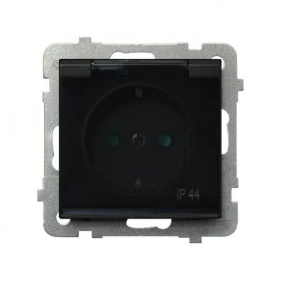 SONATA Gniazdo bryzgoszczelne z uziemieniem schuko IP44 z przesłonami torów prądowych klapka przezroczysta kolor czarny metalik GPH-1RSP/m/33/d OSPEL (GPH-1RSP/m/33/d)