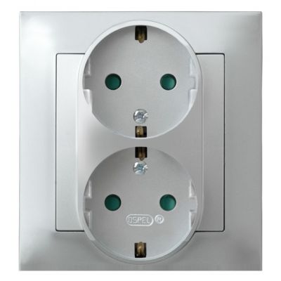 IMPRESJA Gniazdo podwójne z uziemieniem schuko z przesłonami torów prądowych kompletne z ramką kolor srebro GP-2YSP/18 OSPEL (GP-2YSP/18)