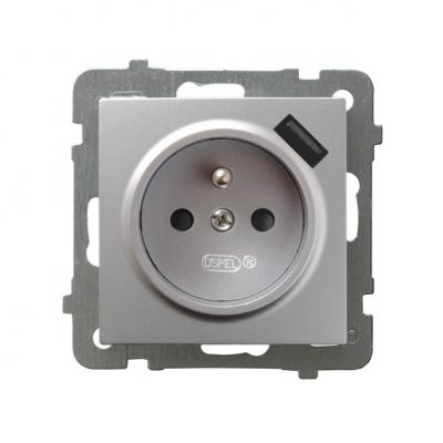 AS Gniazdo pojedyncze z uziemieniem z przesłonami torów prądowych z ładowarką USB kolor srebro GP-1GZPUSB/m/18 OSPEL (GP-1GZPUSB/m/18)