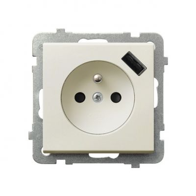 SONATA Gniazdo pojedyncze z uziemieniem z przesłonami torów prądowych z ładowarką USB kolor ecru GP-1RZPUSB/m/27 OSPEL (GP-1RZPUSB/m/27)