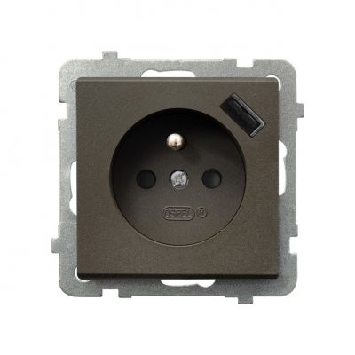 SONATA Gniazdo pojedyncze z uziemieniem z przesłonami torów prądowych z ładowarką USB kolor czekoladowy metalik GP-1RZPUSB/m/40 OSPEL (GP-1RZPUSB/m/40)