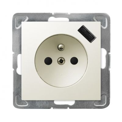 IMPRESJA Gniazdo pojedyncze z uziemieniem z przesłonami torów prądowych z ładowarką USB kolor ecru GP-1YZPUSB/m/27 OSPEL (GP-1YZPUSB/m/27)