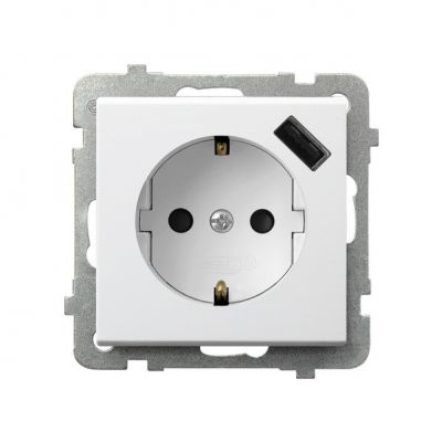 SONATA Gniazdo pojedyncze z uziemieniem schuko z przesłonami torów prądowych z ładowarką USB kolor biały mat GP-1RSPUSB/m/75 OSPEL (GP-1RSPUSB/m/75)