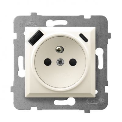 ARIA Gniazdo pojedyncze z uziemieniem z przesłonami torów prądowych z ładowarką USB A+C kolor ecru GP-1UZPUSBAC/m/27 OSPEL (GP-1UZPUSBAC/m/27)
