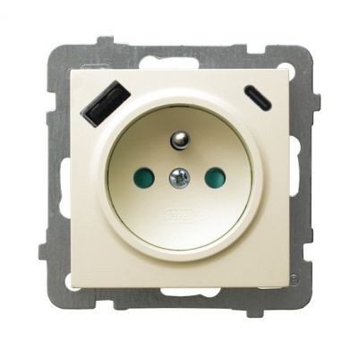 Gniazdo pojedyncze z uziemieniem z ładowarką A+C AS ECRU (GP-1GZPUSBAC/m/27)