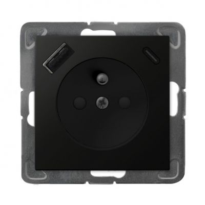 IMPRESJA Gniazdo pojedyncze z uziemieniem z przesłonami torów prądowych z ładowarką USB A+C kolor czarny metalik GP-1YZPUSBAC/m/33 OSPEL (GP-1YZPUSBAC/m/33)