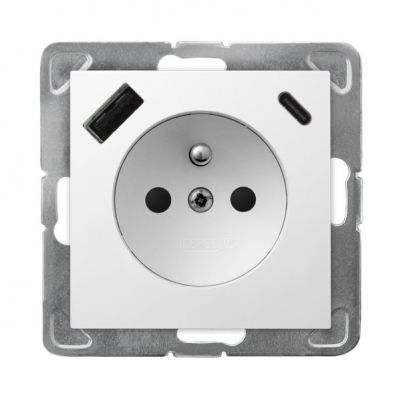 IMPRESJA Gniazdo pojedyncze z uziemieniem z przesłonami torów prądowych z ładowarką USB A+C kolor biały GP-1YZPUSBAC/m/00 OSPEL (GP-1YZPUSBAC/m/00)