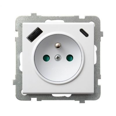 SONATA Gniazdo pojedyncze z uziemieniem z przesłonami torów prądowych z ładowarką USB A+C kolor biały mat GP-1RZPUSBAC/m/75 OSPEL (GP-1RZPUSBAC/m/75)