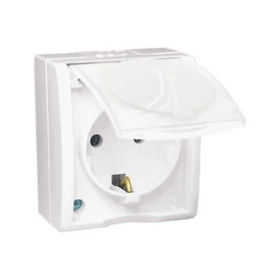 Simon Aquarius Gniazdo wtyczkowe z uziemieniem Schuko bryzgoszczelne IP54 klapka biała z przesłonami torów prądowych 16A 250V zaciski śrubowe biały AQGSZ1Z/11 KONTAKT (AQGSZ1Z/11)