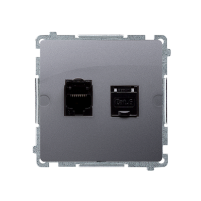 Simon Basic Gniazdo komputerowe RJ45 kategoria 6 podwójne z przesłoną przeciwkurzową . Montaż na łapki lub wkręty srebrny mat BM62.01/43 KONTAKT (BM62.01/43)