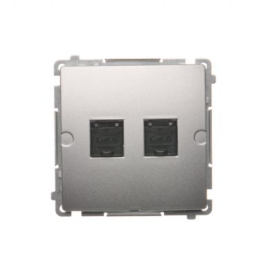Simon Basic Gniazdo komputerowe RJ45 kategoria 6 podwójne z przesłoną przeciwkurzową . Montaż na łapki lub wkręty srebrny mat BM62.01/43 KONTAKT (BM62.01/43)