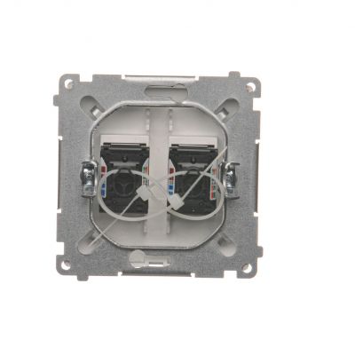 Simon Basic Gniazdo komputerowe RJ45 kategoria 6 podwójne z przesłoną przeciwkurzową . Montaż na łapki lub wkręty srebrny mat BM62.01/43 KONTAKT (BM62.01/43)