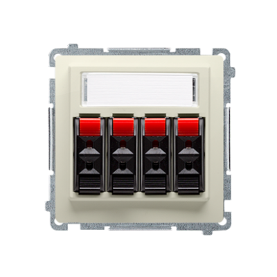 Simon Basic Gniazdo głośnikowe 4-krotne z polem opisowym . Do podłączenia 4 kolumn głośnikowych. Mocowanie gniazda na łapki i wkręty beż BMGL34.01/12 KONTAKT (BMGL34.01/12)