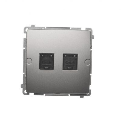 Simon Basic Gniazdo komputerowe RJ45 kategoria 6 podwójne z przesłoną przeciwkurzową . Montaż na łapki lub wkręty satynowy BM62.01/29 KONTAKT (BM62.01/29)