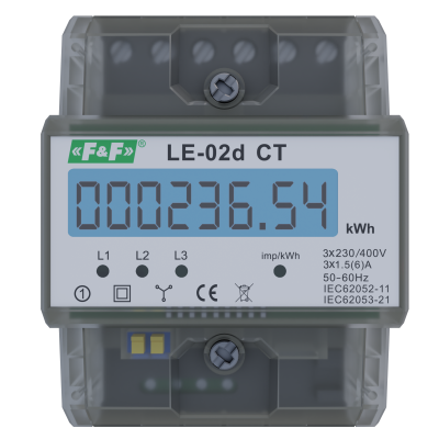 Licznik energii elektrycznej - trójfazowy z programowalną przekładnią wyświetlacz LCD kl.1 LE-02D-CT F&F (LE-02D-CT)