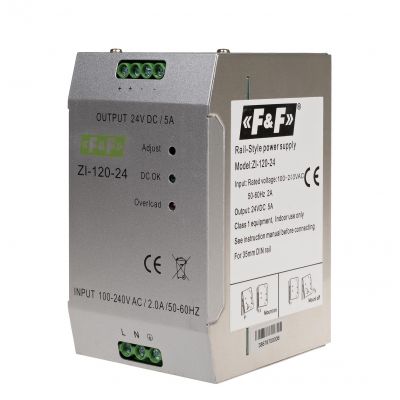 Zasilacz impulsowy przemysłowy nap. wej. 90-264V AC/120-370V DC P=120W nap. Wyj. 24V DC ZI-120-24V F&F (ZI-120-24V)