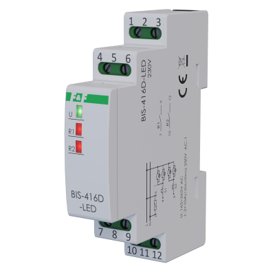 Przekaźnik bistabilny 2 kanałowy on/off Un=230V,I=2x10A InRush(120A/20ms) styki 2xNO,1S DIN F&F (BIS-416D-LED)