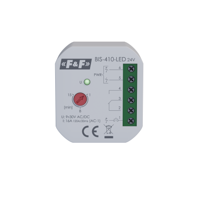 Przekaźnik bistabilny podtynkowy z wyłącznikiem czasowym 9-30 V AC/DC do podświetlanych przycisków z przekaźnikiem inrush BIS-410-LED-24V F&F (BIS-410-LED-24V)