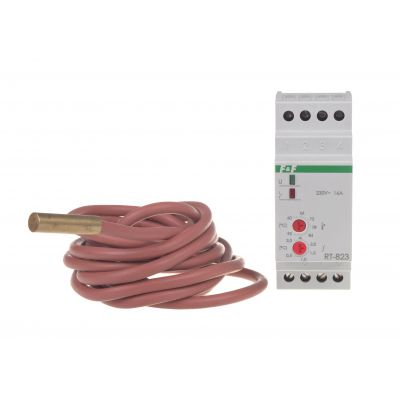 Regulator temperatury - zakres temperatur 60-95stC montaz na szynie DIN styk: 1Z/R 230V AC RT-823 F&F (RT-823)