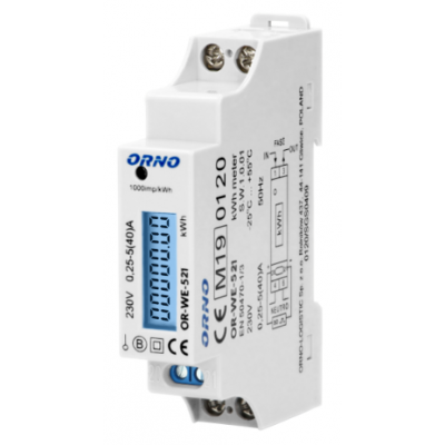 1-fazowy licznik energii elektrycznej, 40A, MID, wyjście impulsowe, podświetlenie, 1 moduł, DIN TH-35mm OR-WE-521 ORNO (OR-WE-521)