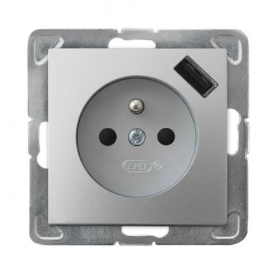 IMPRESJA Gniazdo pojedyncze z uziemieniem z przesłonami torów prądowych z ładowarką USB kolor srebro GP-1YZPUSB/m/18 OSPEL (GP-1YZPUSB/m/18)