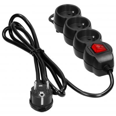 Przedłużacz 3-krotny 2P+Z z wyłącznikiem 5m H05VV-F 3x1,5mm2 Imax=16A płaska wtyczka, czarny ES-5/B/5 ORNO (ES-5/B/5)